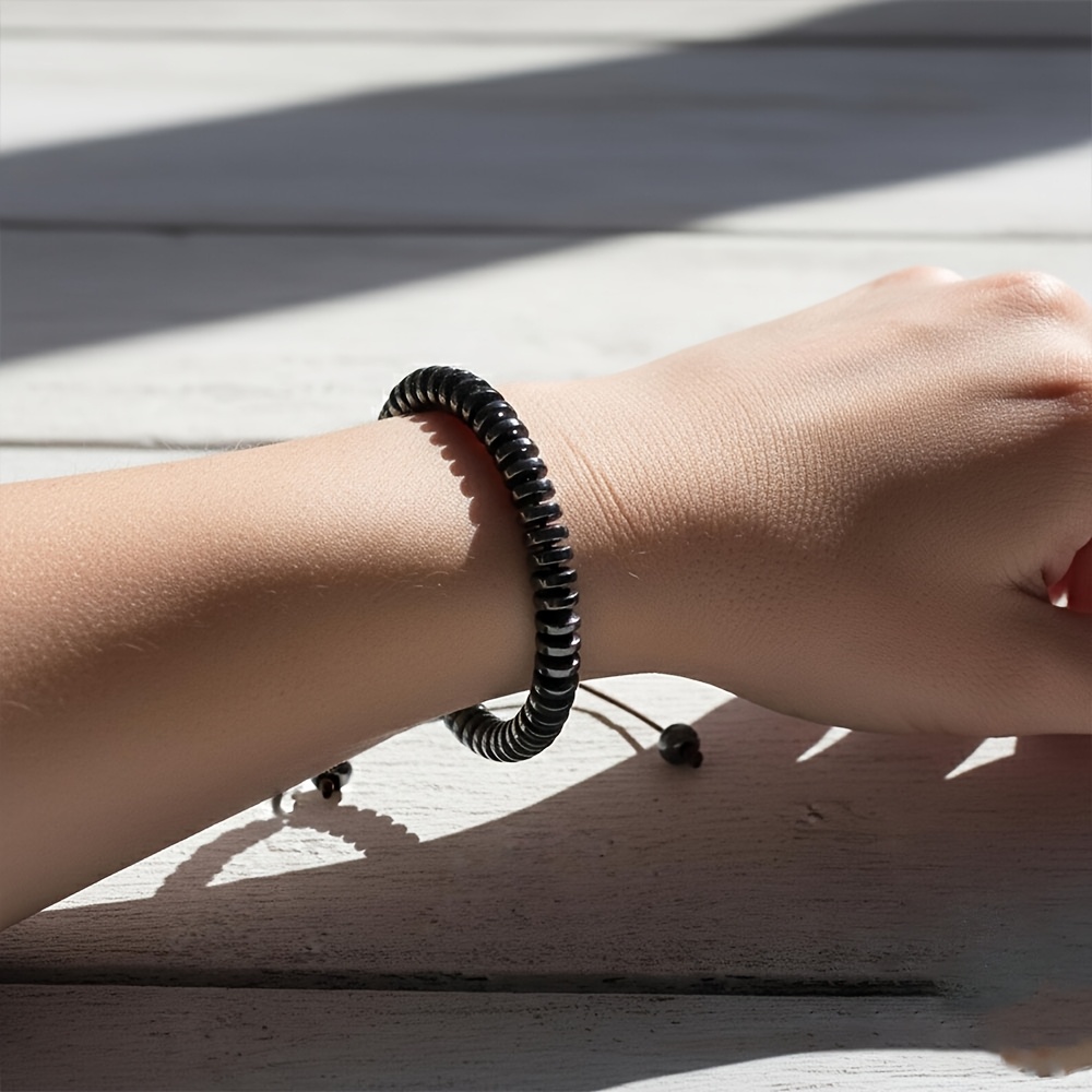 Unisex Natural Hematite Beads Bracelet, Adjustable Gift